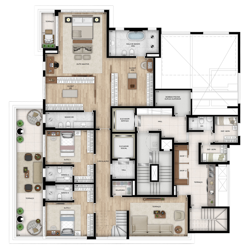 656 m² - Duplex Inferior 4 suítes, 8 vagas + depósito 