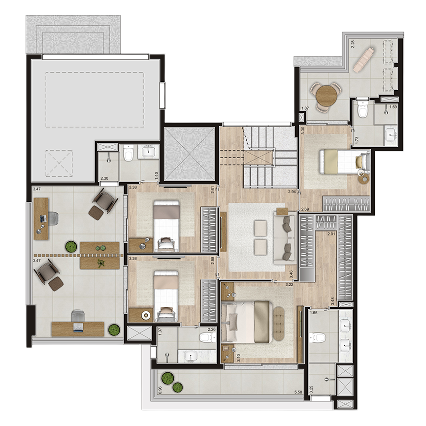 290 m² Cobertura Duplex Inferior  - 4 suítes, 3 Vagas