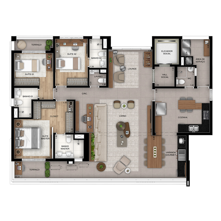 160 m² - Planta Terraço Unificado 3 suítes, 3 vagas 